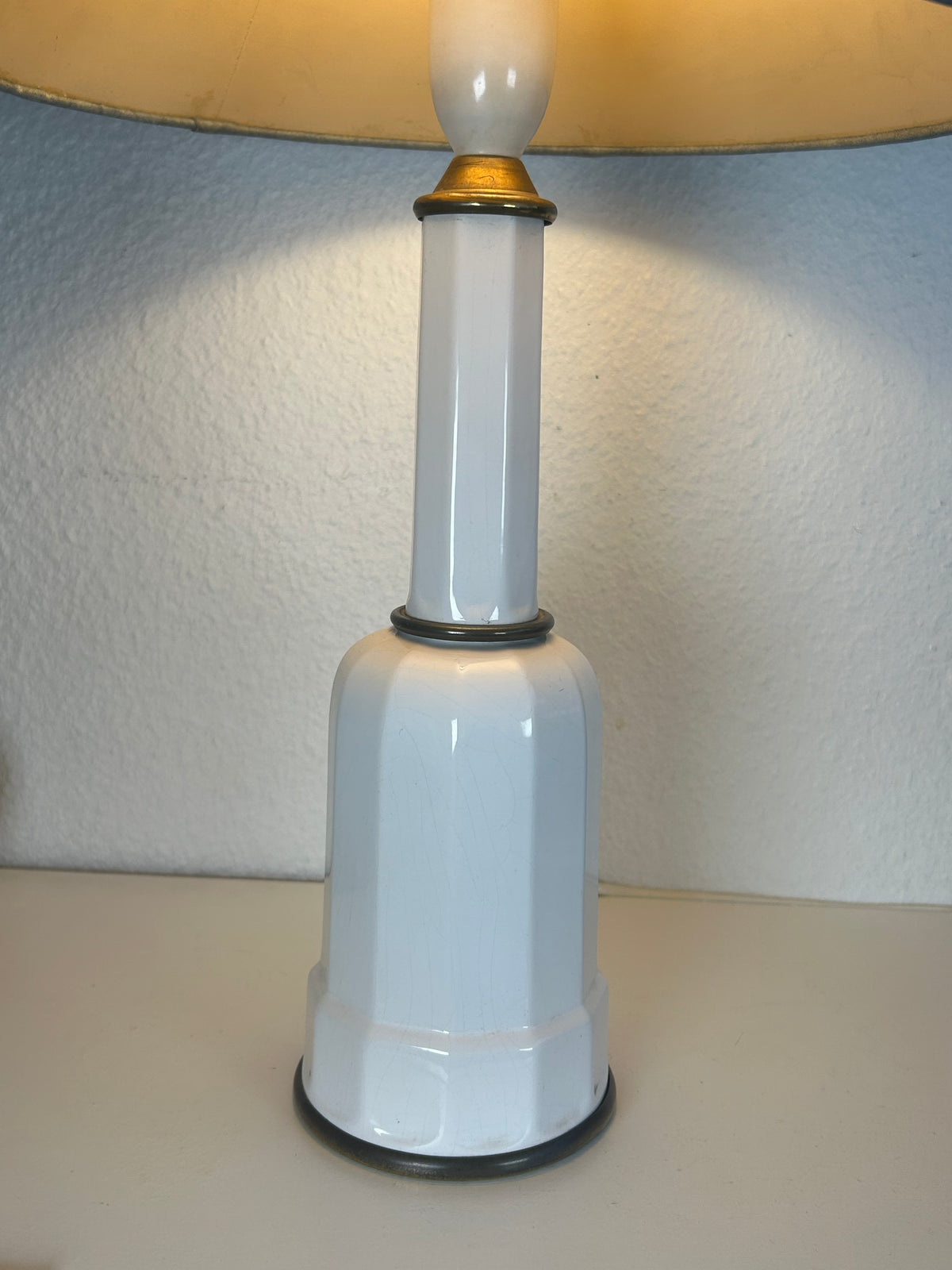 Stor Heiberg bordlampe i hvid keramik og messing med gråblå skærm – 46 cm - billede 2