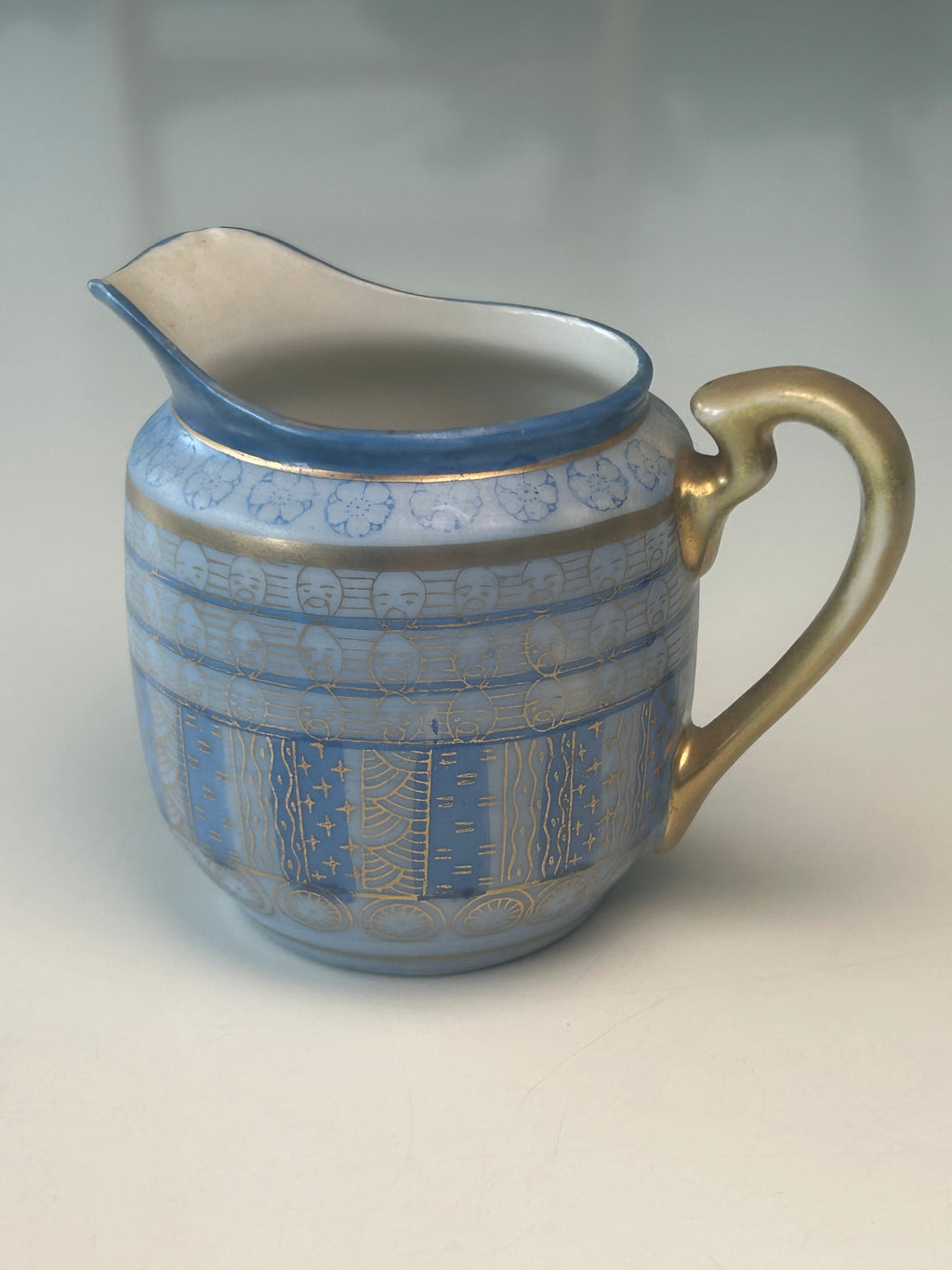 Vintage japansk flødekande i Satsuma-stil – lyseblå og guld – 7,5 cm - billede 3