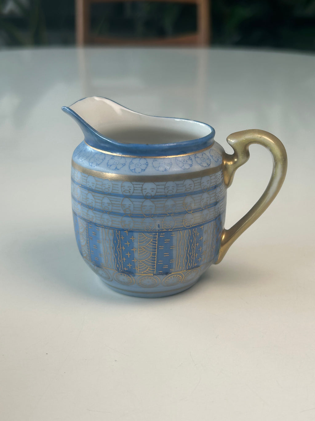 Vintage japansk flødekande i Satsuma-stil – lyseblå og guld – 7,5 cm - billede 8