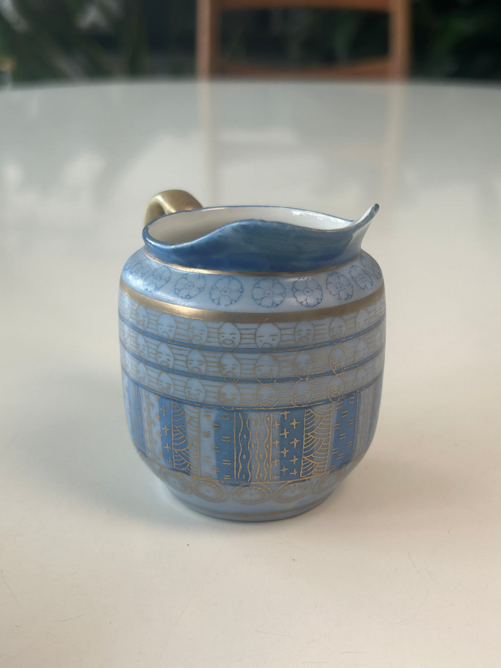 Vintage japansk flødekande i Satsuma-stil – lyseblå og guld – 7,5 cm - billede 11